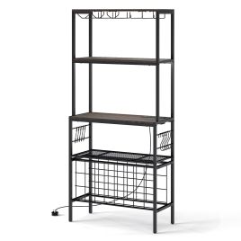 EMERILL Wine Organizer with Power Outlet Multi-Tier Bakers Rack with Glass-Grey