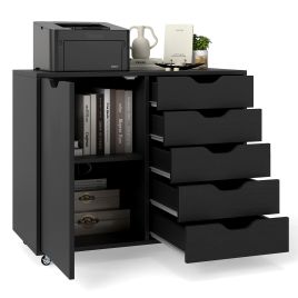 LUVE 5-Drawer Chest with Door and Adjustable Shelf-Black