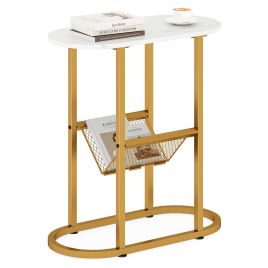 FALLOWEN 2-Tier Narrow Side Table with Magazine Holder for Living Room Bedroom-White