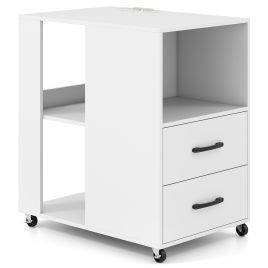 Rolling Bedside Table with Storage Drawers and Shelves for Bedroom-White