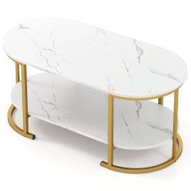 2-Tier Oval Coffee Table with Storage and Faux Marble Top-White