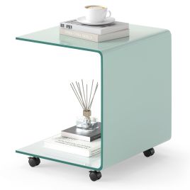 YVENA Modern Tempered Glass Side Table with 2-tier Shelf-White