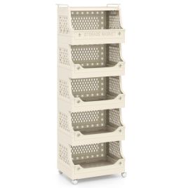 FYNEX 6-Tier Rolling Laundry Basket with Wheels & Handles-Beige