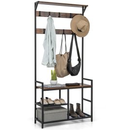 3-in-1 Coat Rack Freestanding Industrial Entryway Storage Shelf-Rustic Brown