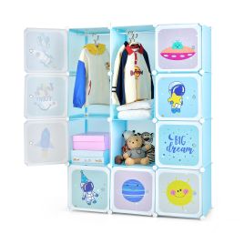 Portable Children Wardrobe with 12 Cubes and 2 Clothes Hanging Section - Blue