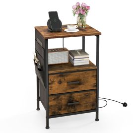 Nightstand with Charging Station with 2 Drawers and 6 Side Pockets-Rustic Brown