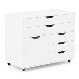 5-Drawer Chest with Door Mobile Chest of Drawers with 5 Casters-White