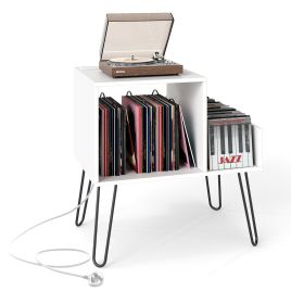 Record Player Stand with Power Outlet and Removable Dividers-White