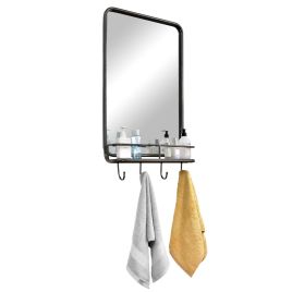 Rectangular Wall Mounted Bathroom Mirror with Shelf and Hooks