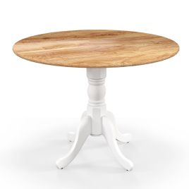 TAFILY Wooden Dining Table with Round Tabletop and Curved Trestle Legs-Natural and White