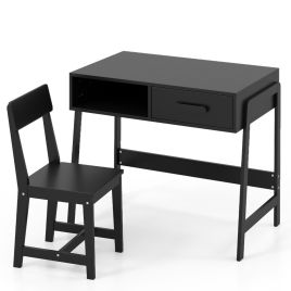 RALO Kids Desk and Chair Set with Drawer and Pine Wood Legs-Black