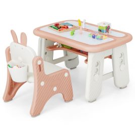 Kids Drawing Table and Chair Set with Flip-Top Tabletop Bookshelf-Pink