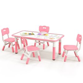 RAVI Kids Table and 4 Chairs Set with Graffiti Desktop for Home Daycare School-Pink