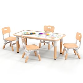 RAVI Kids Table and 4 Chairs Set with Graffiti Desktop for Home Daycare School-Natural