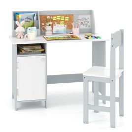 Kids Table and Chair Set with Hutch and Cabinet-Gray & White