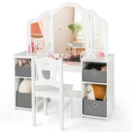 DALWICKE Kids Vanity Desk and Chair 2 in 1 Toddler Makeup Pretend Play Table-White