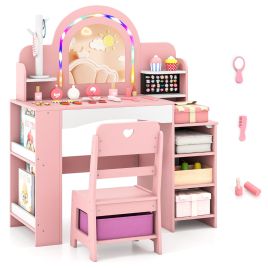 YZEN Kids Vanity Desk with Mirror and Open Storage Shelves-Pink