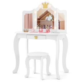 LONORE Kids Vanity Set with Lighted Mirror and Adjustable Brightness Pull-out Drawer and Stool-White