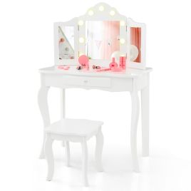 Kids Vanity Table and Stool Set with Real Glass Tri-Folding Mirror and Drawer - White