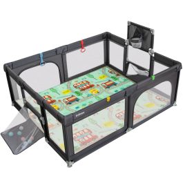 OVORRA Large Baby Playpen with Mat with Basketball Hoop and Soccer Nets-Dark Grey