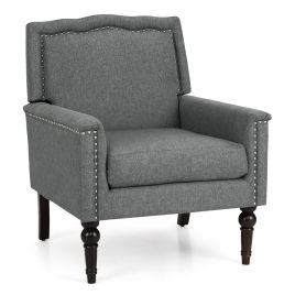 Armchair - Mid-century Modern Armchair with Thick Cushion Rubber Wood Legs-Grey