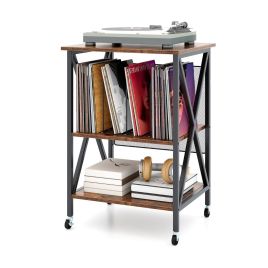 TRELIX Mobile Record Player Stand with Vinyl Storage Shelves and Dividers-Rustic Brown