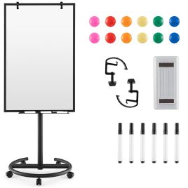 100 cm x 65 cm Height-Adjustable Magnetic Whiteboard on Wheels-Black &amp;amp; White