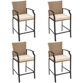 Patio Rattan Bar Stools Set of 4 with Soft Cushions High Backrest