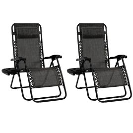 REORTY Folding Patio Recliners with Removable Headrest and Cup Holder Set of 2-Grey
