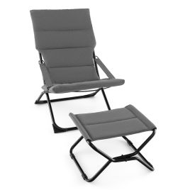 Sun Lounger - Patio Folding Sling Chair with Ottoman and with Removable Cushion-Grey