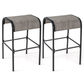 Garden Chair - Metal Bar Height Bistro Stools Set of 2 with Curved Fabric Seat for Backyard Porch Poolside-Coffee