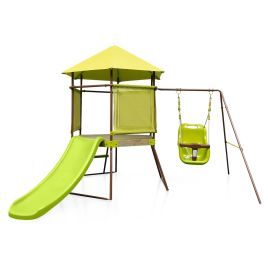 Kids Swing Set - 4-in-1 Swing Set with Height Adjustable Baby Seat, Metal Stand and Ground Stakes-Green