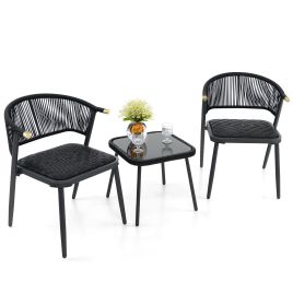 Patio Set - 3 Piece Outdoor Wicker Furniture Set with Tempered Glass Coffee Table - Black
