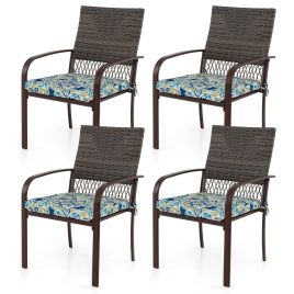 Patio Rattan Chairs Set of 4 with Wicker Back and Soft Cushions
