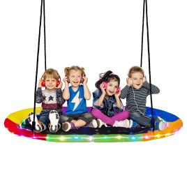 Kids Swing Set - 150 cm Saucer Swing with LED Lights and Adjustable Ropes-Colourful