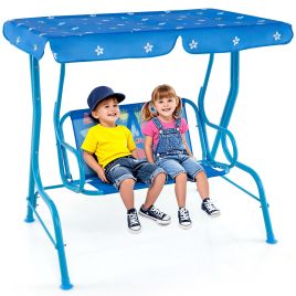 OVMY 2-Seater Kids Patio Swing Chair with Adjustable Canopy and Safety Belt-Blue