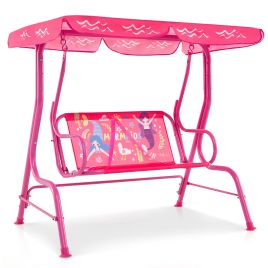 OVMY 2-Seater Kids Patio Swing Chair with Adjustable Canopy and Safety Belt-Pink