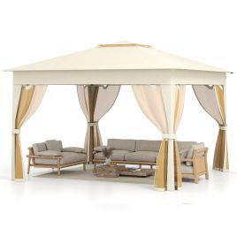RAVEUR 338 x 338 CM Pop Up Gazebo with Mesh Netting and Double Roof-Beige