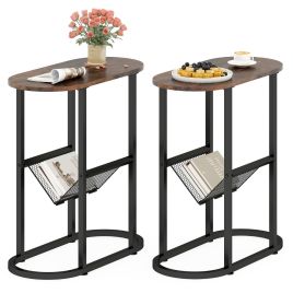 FALLOWIX 2-Tier Oval End Table Set of 2 Space-saving Slim Couch Side Table -Rustic Brown