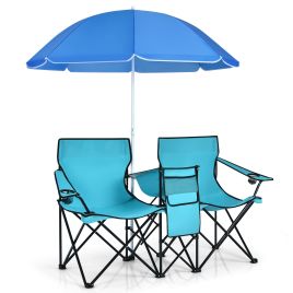 Camp Furniture - Portable Double Camping Chair with Umbrella and Ice Bag-Turquoise