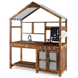 Kids Kitchen Toy - Outdoor Solid Wood Mud Kitchen with Canopy and Rotatable Faucet-Natural