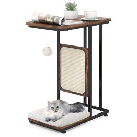 Side Table - Cat Tree and End Table with Scratching Board and Cushion-Rustic Brown