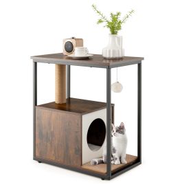Cat Furniture - Cat Furniture End Table Cat House with Scratching Post-Rustic Brown