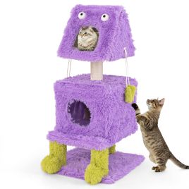 Cat Furniture - Cute Monster-Themed Cat Tower with 2 Private Condos and Soft Long Plush-Purple