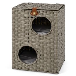 Rattan Cat House for Indoor 2-Tier Cat Condo Space Saving Kitty Bed Footrest Nightstand-Grey