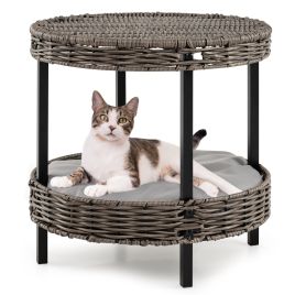 2-tier Rattan Cat Nest Wicker Kitten House Indoor and Outdoor Elevated Pet Shelter-Grey