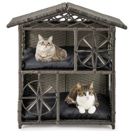 2-storey Wicker Cat House with Removable Cushions-Grey