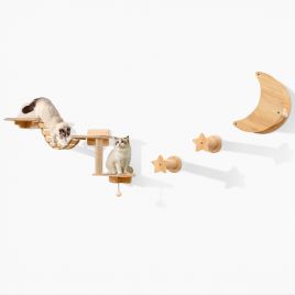 6 Pieces Cat Wall Furniture Set with Hammock and 2-step Cat Tree-Beige