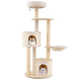 6-level Wooden cat tree with cat condo and sisal scratching posts for indoor-Natural