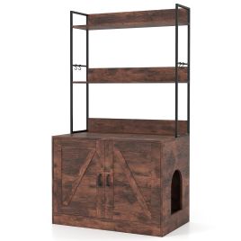 MERTHOR Modern Cat Litter Box Enclosure Cabinet with 3-Tier Shelves Metal Frame-Brown